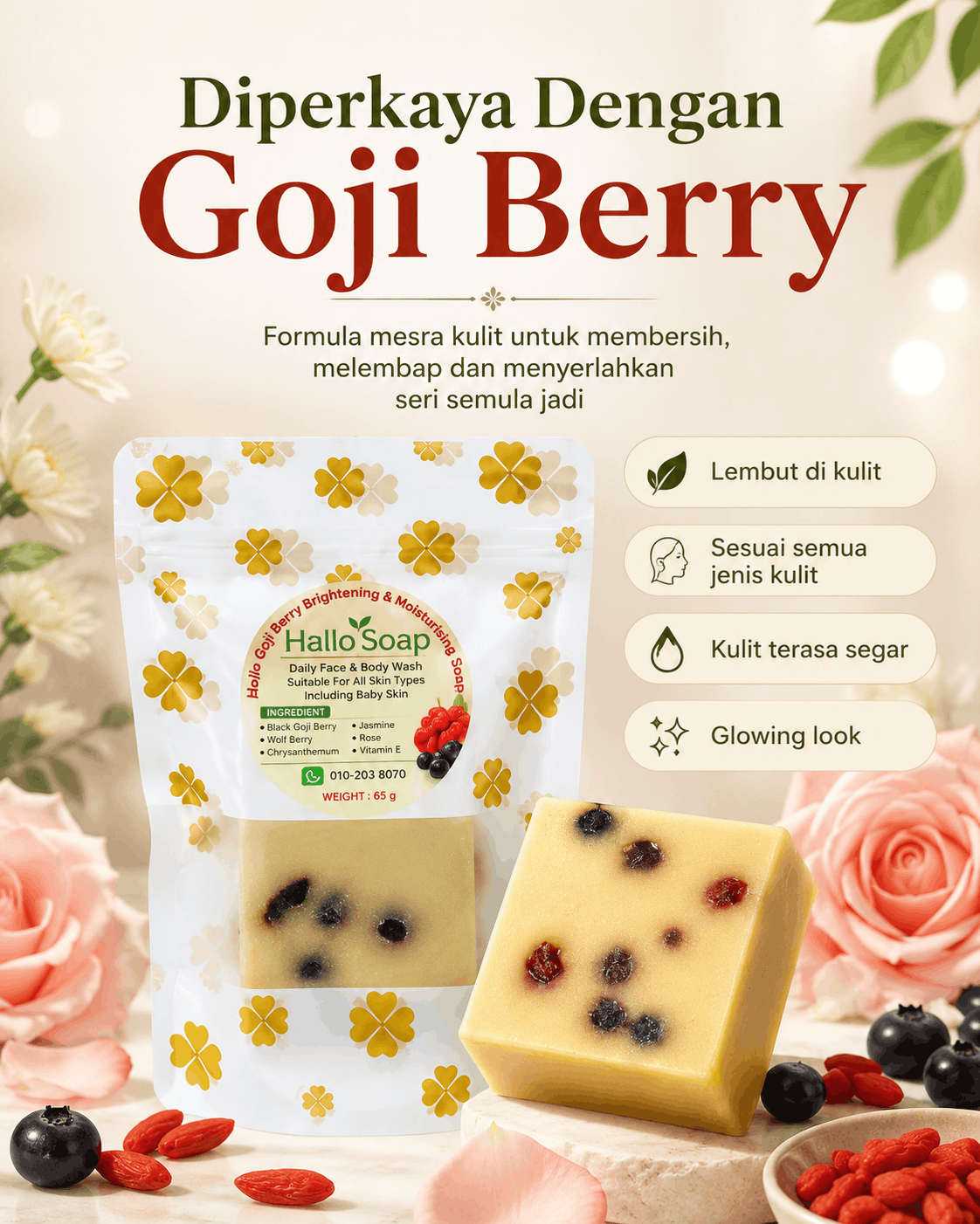 Hallo Goji Berry Brightening & Moisturising Soap angle 2